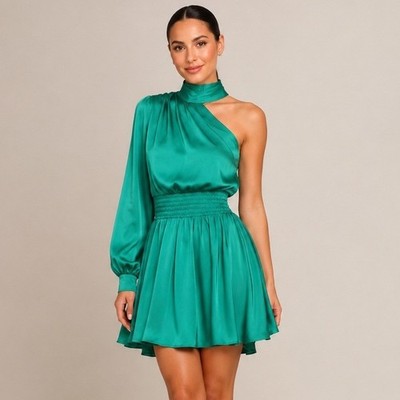 DO+BE Emerald Green One Shoulder Mini Dress Chocker Neck Smocked Waist Size M
