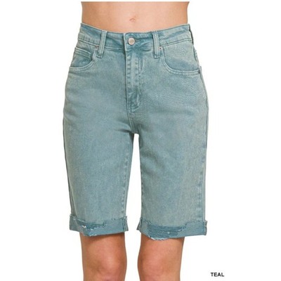 Zenana Acid Wash Dyed Bermuda Distressed Shorts DMP-1892Y Teal Large