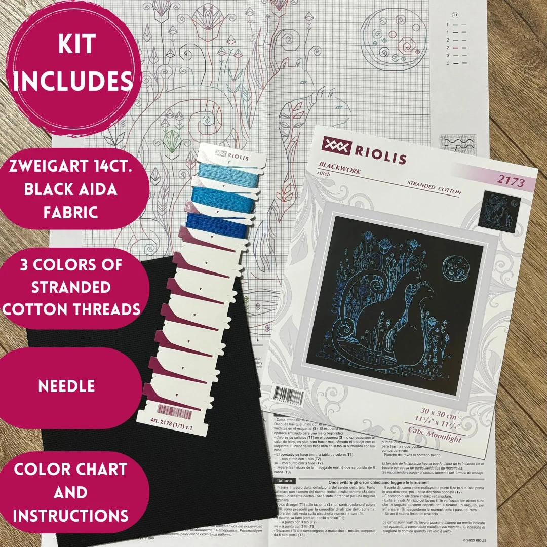 RIOLIS Counted Blackwork Kit 2173 Cats. Moonlight, Two Beautiful Cats