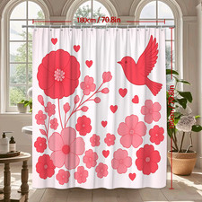 Cute Pink Floral Shower Curtain with Hearts and Bird Design