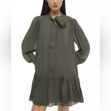 SIMKHAI Silk Mini dress Quince long sleeve bow high neck moss olive ruffle hem