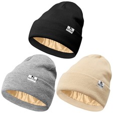 3 Pack Satin Lined Winter Beanie Hats for Men Women Silk Lined Beanies Soft K...