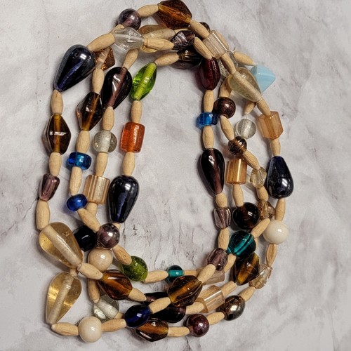 Holz & Glas Perlen Halskette 49" lang bunt beige Mixed Media Boho vielseitig - Bild 7 von 8