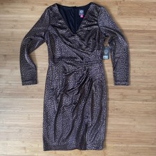 NWT Vince Camuto Women's Metallic Animal-Print Stretch Dress Brown Size 12P
