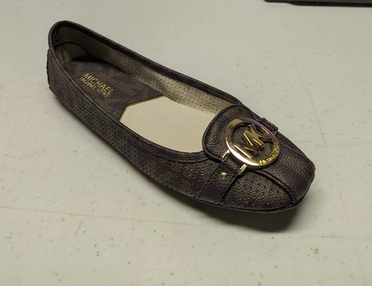 Size MICHAEL KORS FULTON MOC BROWN GOLD MK LOGO PVC WOMEN SLIP ON DRIVER  SHOES