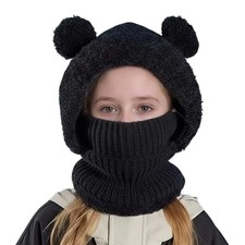 Jastore Kid Winter Hat Scarf Set Boys Girls Knit Hood Hats 4-10 Years, Black