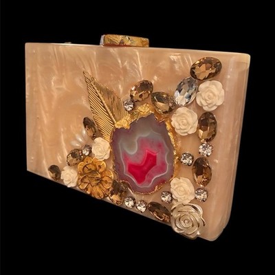 Floral Gemstone Clutch Bag - Beige Gold Red - Top Handle - Crystal Accents