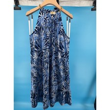 Michael Kors Blue Tropical Palm Halter Dress Gold Chain Strap Ruffle Hem NWT M