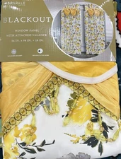 Yellow and Gold Blackout Design Window Panels With Attached Beaded Valance