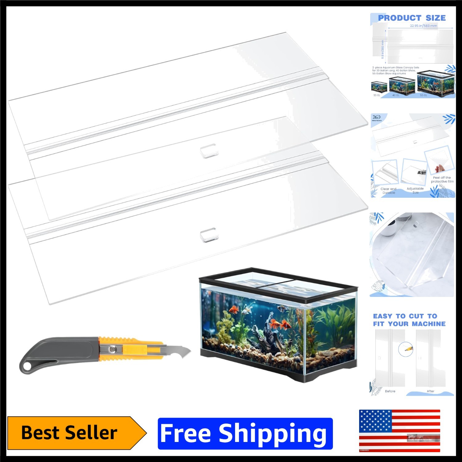 Aquarium Canopy Lids 22.95 x 11.5 Inch Set with Hook Knife for 33