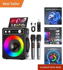 Portable Bluetooth Karaoke Machine with 2 Wireless Mics  LED Lights - 15W Power