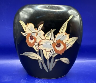 Vtg. Black Vase Shaddy Japan Cattleya Orchids Flowers Gold Trim 4.25 T x 4  W