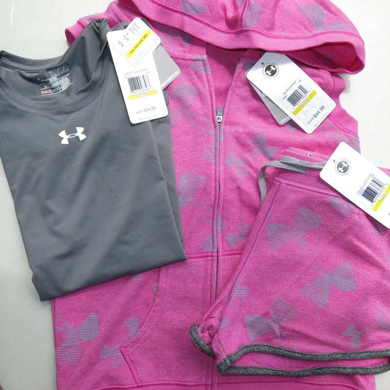 Under Armour Summer Girls Medium Shorts  Hoodie Vest & T-Shirt $110 Pink Gray