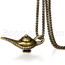 Lámpara mágica Aladino tono bronce retro para hombre colgante de acero inoxidable cadena collar