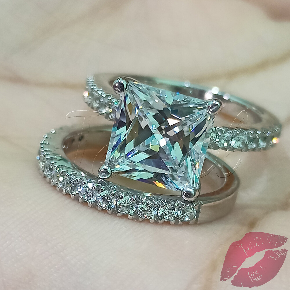 3CT Princess Cut Diamond Engagement Ring Bridal Wedding Set 14k White ...