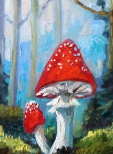 Original Art Oil Painting Mushrooms on panel 8x6in Impressionism Small Wall Art