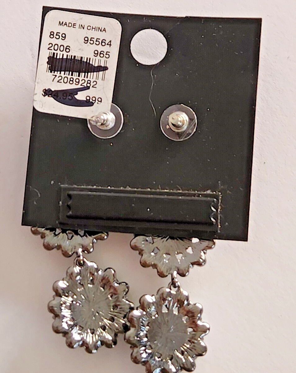 NY & Co Silver Tone Gray Faux Pearl Dangle Earrings w Rhinestones