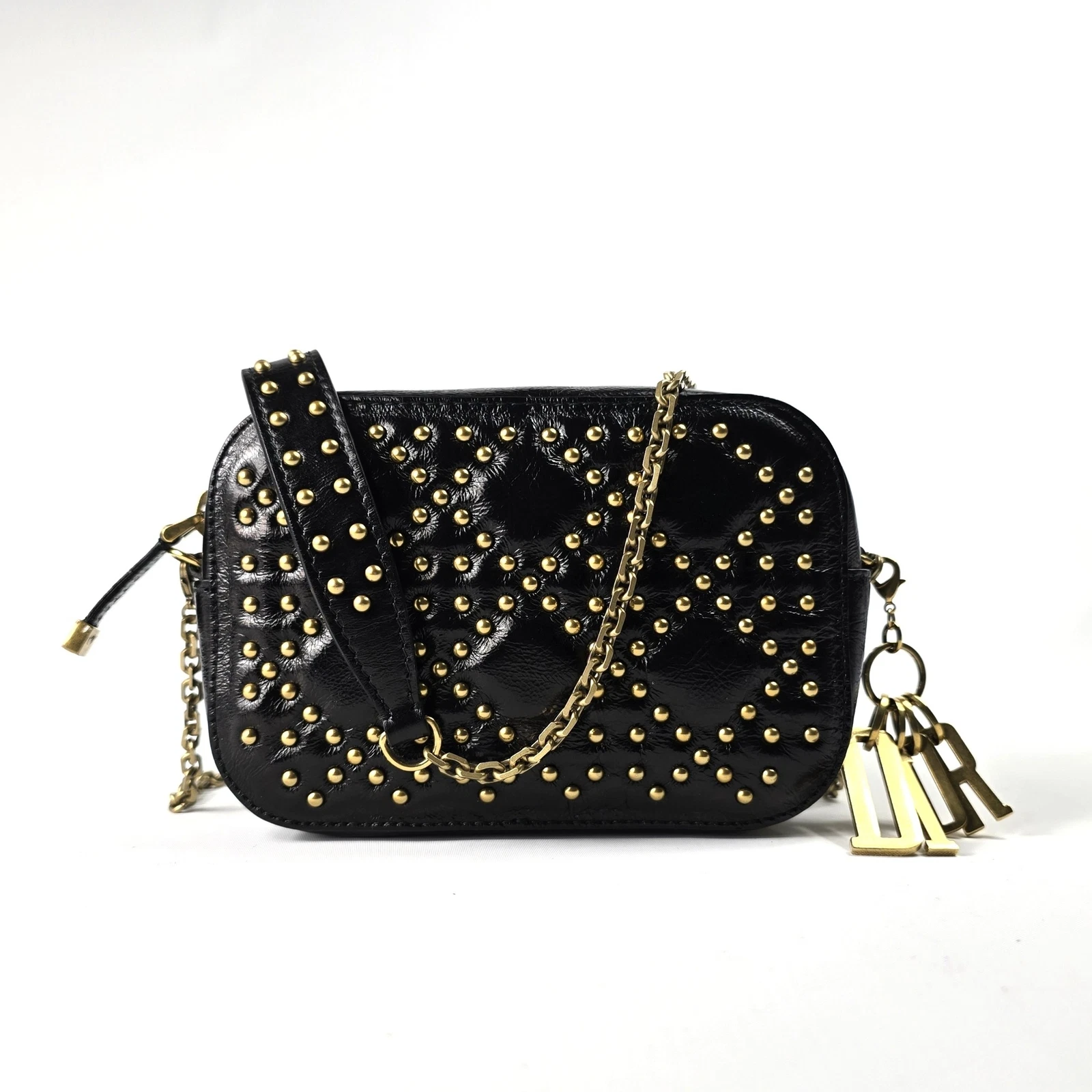 Sac étui pour appareil photo neuf DIOR peau d'agneau cannage clouté Lady Dior en cuir noir