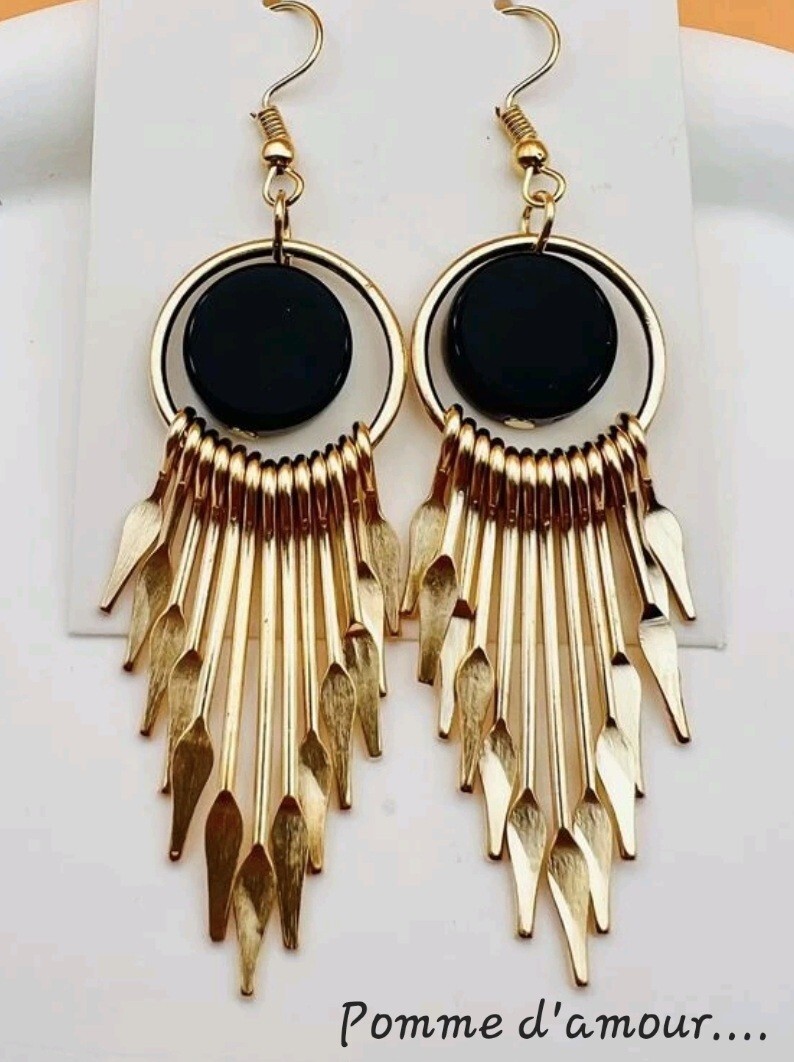 Boucles D'oreilles Pendantes Bohème - Noir Et Doré, Dormeuses, En Acier Inoxydable, Neuf Avec étiquettes
