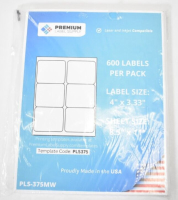 Premium Label System 600 Labels Pack 4'' x 3.33'' PLS-375MW White 100 Sheets