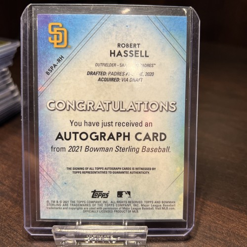 Bowman Sterling Robert Hassell 2021 automático/99 refractor de manchas San Diego Padres - Imagen 2 de 2