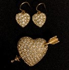 SWAROVSKI SAVVY SIGNED HEART SET Brooch Earring Crystal with Arrow Gold Plated