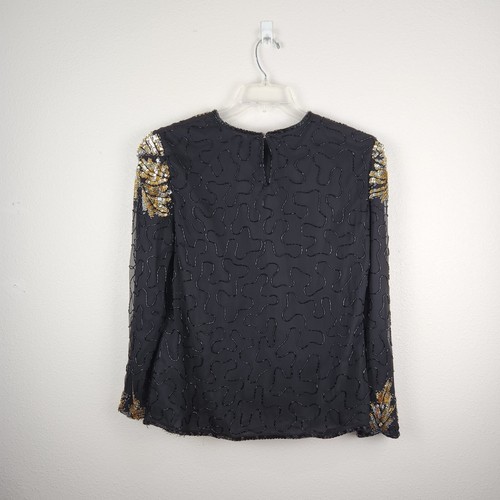 Vintage Laurence Kazar Long Sleeve Sequin Silk Black Gold Top Blouse Size L - Picture 9 of 11