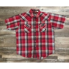 Plains Western Wear Mens XL Red Plaid Short Sleeve Pearl Snap Shirt
