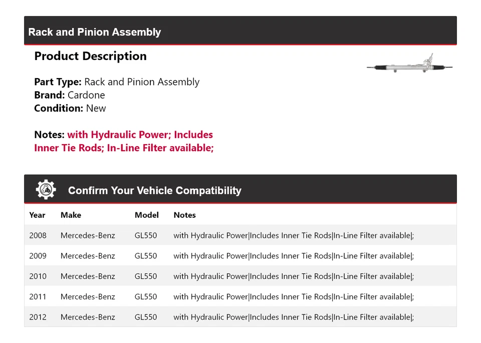 Conjunto de piñón y cremallera Cardone 2009 2010 para Mercedes-Benz GL550 2008-2012 Foto 2 de 4