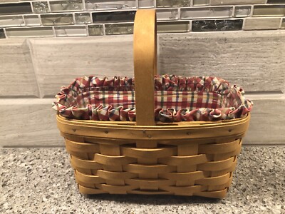 Longaberger Small Rectangular Basket w/ Handle, Plaid Color Liner & Protector