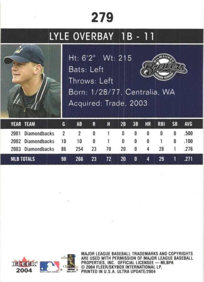 2004 Ultra #279 Lyle Overbay Milwaukee Brewers Baseball Card - Image 2 of 2