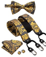 Men Suspender Bow Tie Set Paisley Solid Suit Braces Handkerchief Cufflinks
