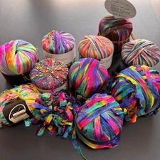 11 VINTAGE RAINBOW RIBBON YARN BALLS - BEROCCO, PLYMOUTH, LION NOS