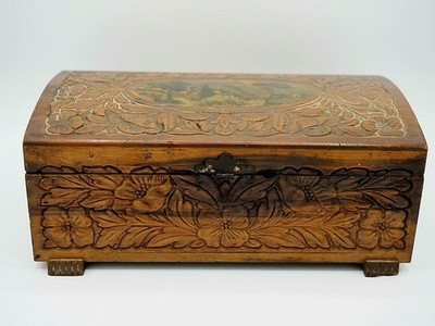 VTG Footed Carved Cedar Dove Tailed Jewelry Trinket Box w Mirror 
