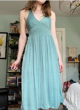 Urban Outfitters Valerie Smocked Satin Midi Dress Slip dress Blue Green Small