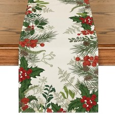 Holly Pine Cone Christmas Table Runner, Seasonal 13" x 72", Table Runner Green