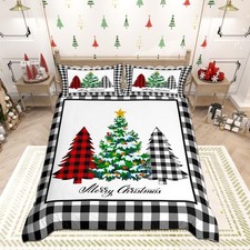 Merry Christmas Duvet Cover Set King Size,Buffalo Plaid Xmas Trees Comforter ...
