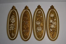 4 Vintage Syroco 1974 Oval Floral Flower Wall Hangers Set Roses Gold Regency
