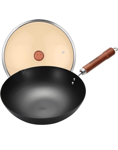 WANGYUANJI Iron Wok,12" Lightweight Woks and Stir Fry Pans with Lid,Wooden Steel