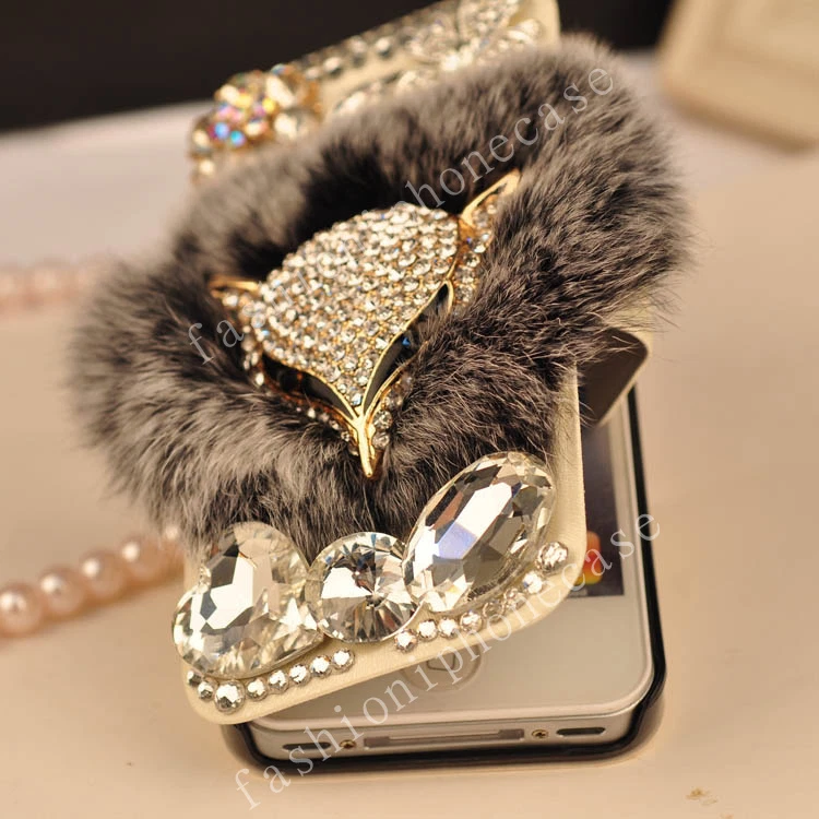 Flip Leather Card Wallet Luxury Bling Diamonds Furry Rabbit Fur Phone Case Cover - Image 3 of 4