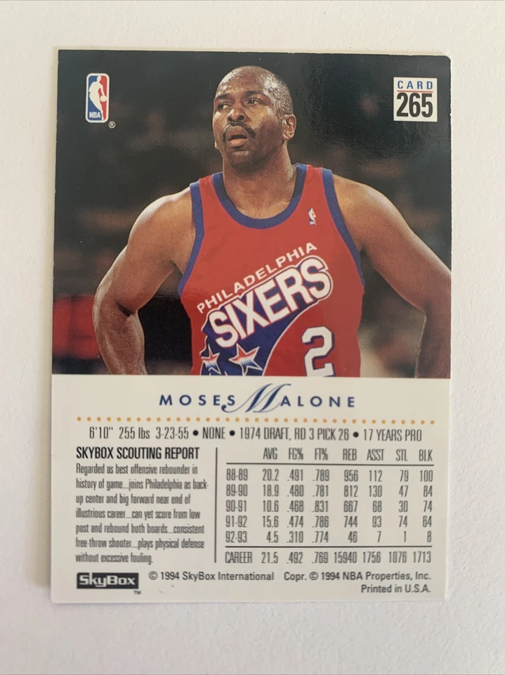 Tarjeta base SkyBox Premium Moses Malone #265 1993-94 Philadelphia 76ers Foto 2 de 3
