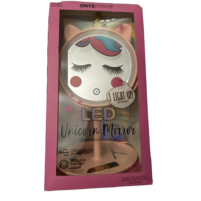Onyx Professional LED Unicorn Mirror Light Up lMakeup Jewelry Tray Attached Pink