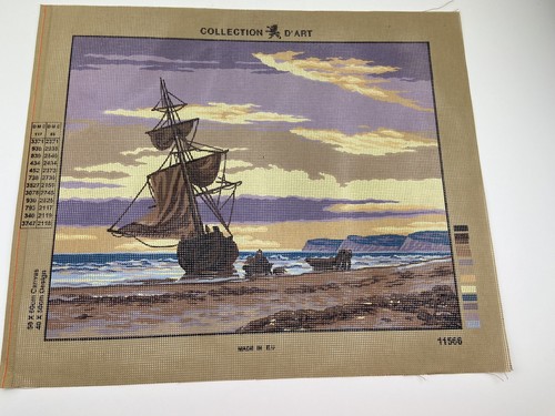 Gobelin Needlepoint Tapestry Canvas Ship On The Shore 19in By 14in Rome 10 Count - Picture 2 of 5