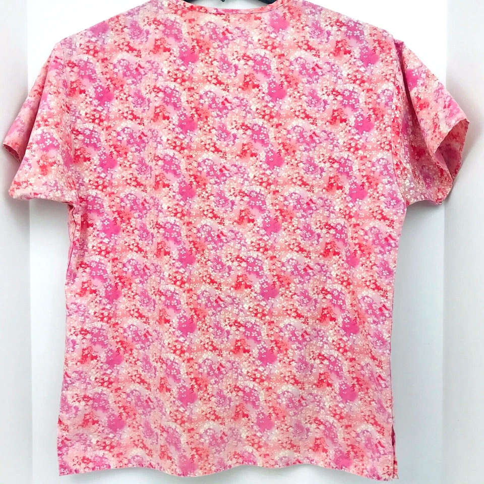 Crest Small Pink With Small White Flowers Scrub Top Medical Nurse Veterinary - Image 2 of 4