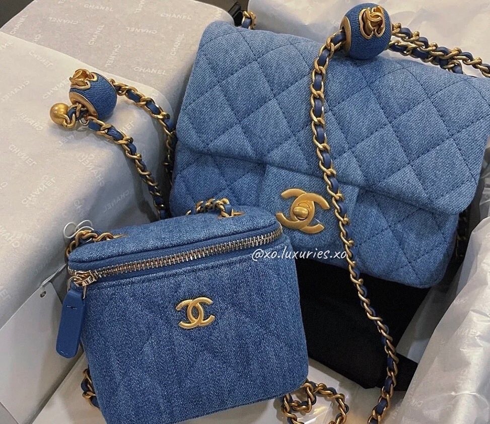 Authentic CHANEL w RECEIPT Mini Square Denim Vanity Bag Logo GHW