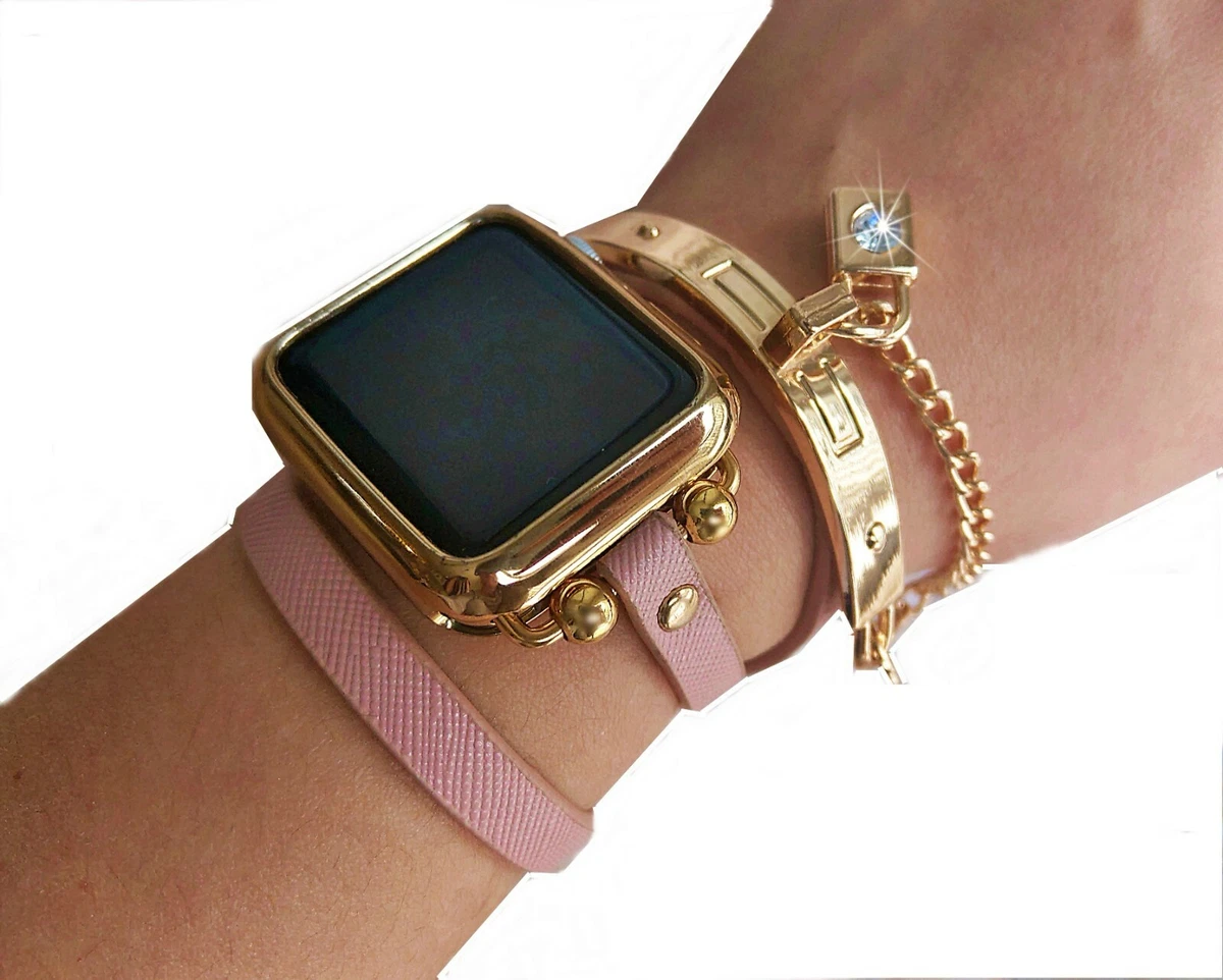 Women Apple Watch Band Pink Rose Leather Strap for iWatch 8 1 SE