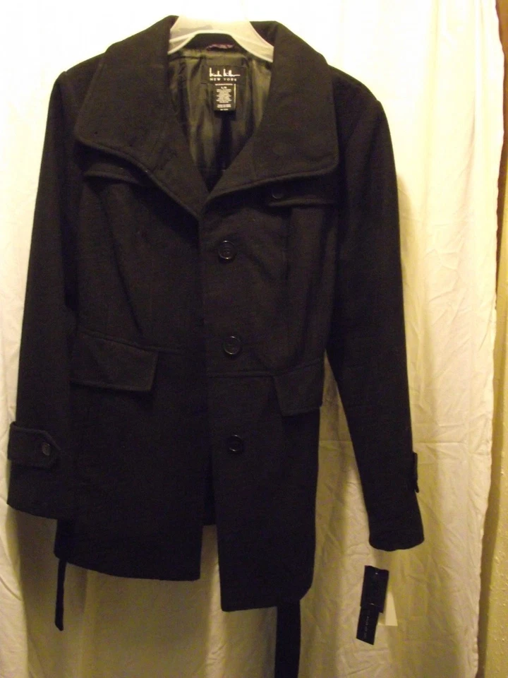 Gabardina corta Nicole Miller NUEVA CON ETIQUETAS L negra Melton con cinturón envío gratuito Foto 3 de 4