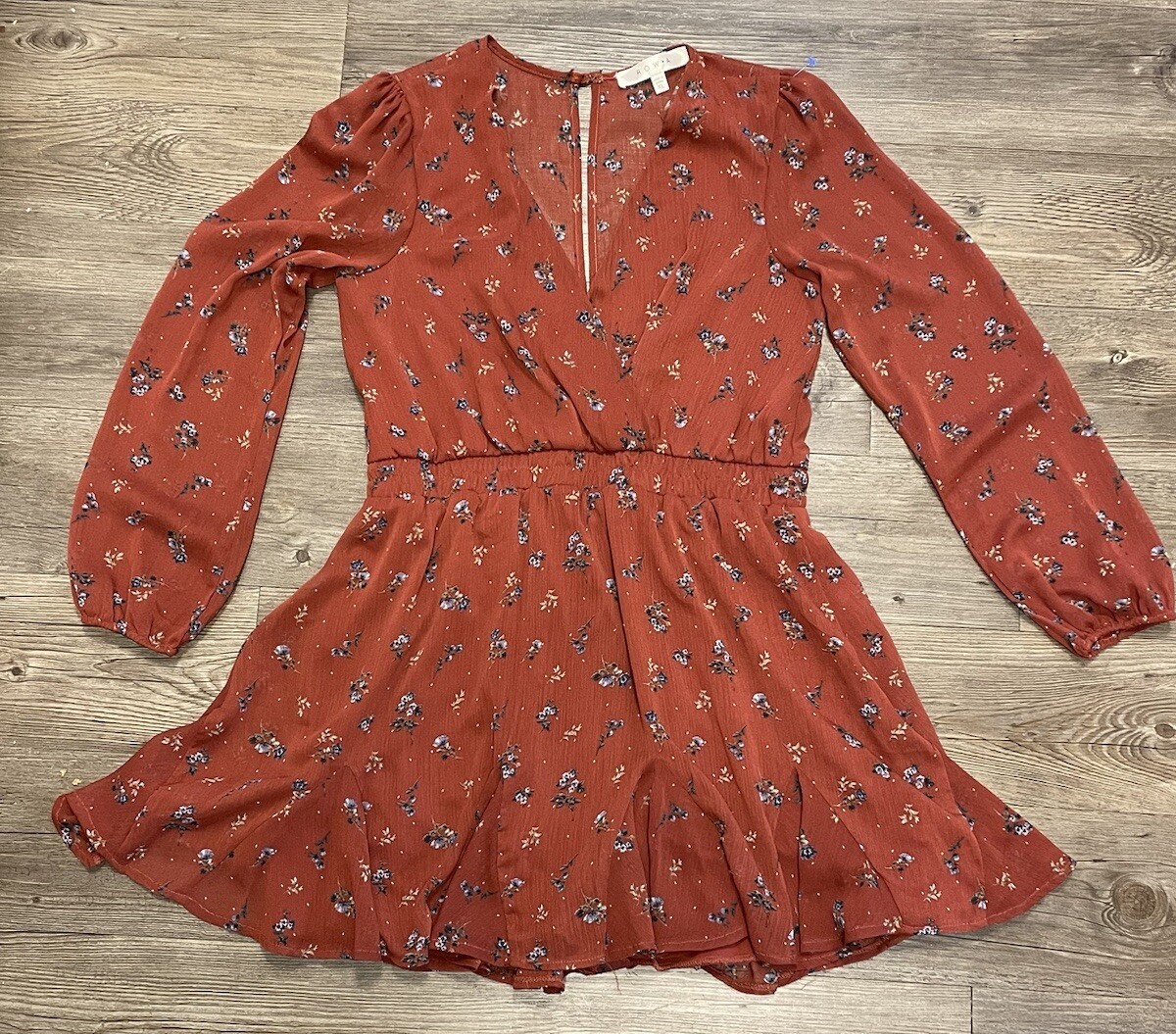 Fila A Minidress in chiffon a maniche lunghe fumè XL Rosso bordeaux foderato floreale