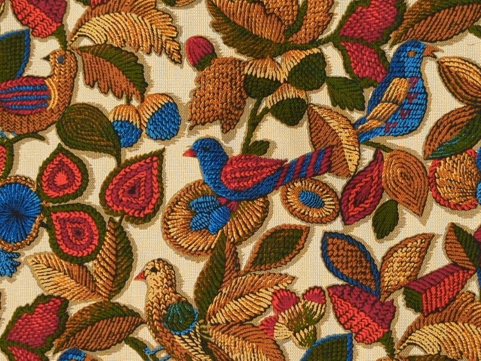 Tela de tapicería de mediados de siglo JCPenney Bird floral azul sarga batik POR NUEVO Foto 2 de 4