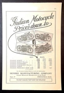 “Indian Motorcycle Prices Down” 1923 AD Scout~Chief~Standard~Princess Side Car